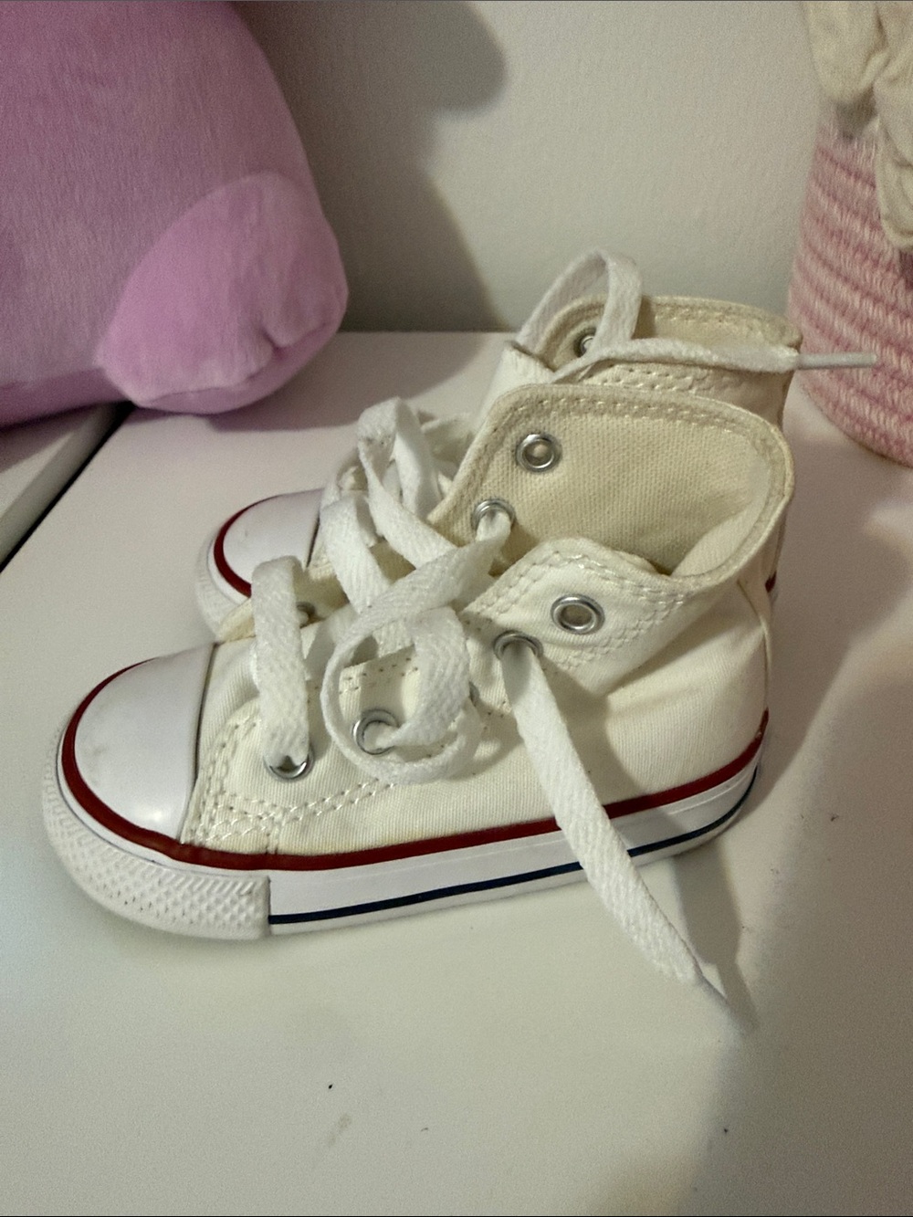Classic White Canvas Kids High-Top Sneakers with Red Trim